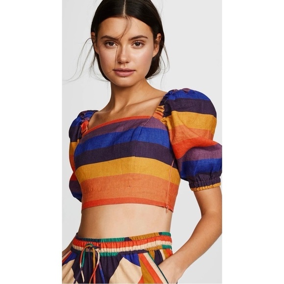 FARM RIO Linen Rainbow Striped Square Neck Smocked Puff Short Sleeve Crop Top XS - Picture 10 of 13